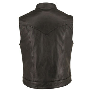 Chaleco de Motociclista Vintage de Cuero Genuino Negro con Cuello Redondo, Cierre de Botones Cubiertos, Bolsillos en el Pecho con Solapa, Ribete Rojo, Transpirable - Product Image 2