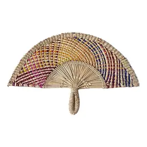 Rainbow colorful handwoven hand fan bamboo rattan seagrass straw seagrass bolga fan from Vietnam