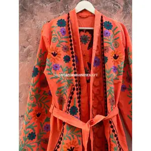 도매 인도 코튼 목욕 가운 오렌지 컬러 꽃 수잔 기모노 보헤미안 스타일 잠옷 수제 겨울 자켓 벨트