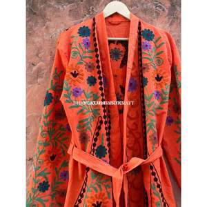 Wholesale Indian Cotton Bathrobe Orange Colour Floral Suzani Kimono Bohemian Style Sleepwear Handmade Winter Jacket With Belt - Product Image 1