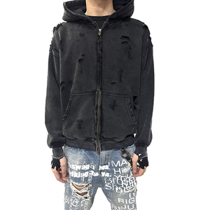Sudaderas con capucha para hombre Sudadera con cremallera personalizada Blanqueamiento Lavado Hip Hop Streetwear Sudadera con capucha desgastada de gran tamaño Bordado CustomHoodies Hombres - Product Image 5