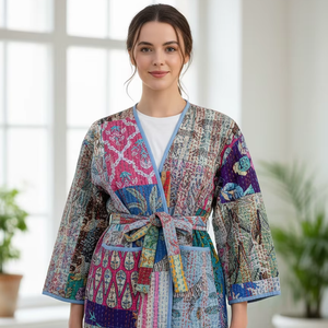 Kimono Kantha Stone Wash <b>Jacket</b> Handmade Indian Floral <b>Pattern</b> Robe <b>Quilted</b> and Breathable Coat Autumn Winter - Product Image 2
