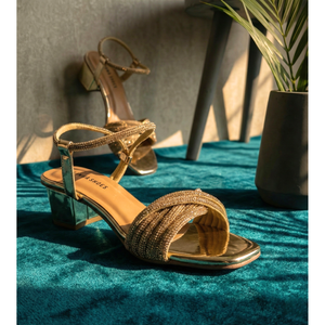 Chaussures de mariée Aura Gold Shimmer 503 à talons carrés, bride cheville, talon fin, bout pointu, patchwork, strass, tendance mode - Product Image 4