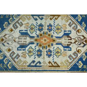 Alfombra de lana de retazos azul y amarillo tradicional hecha a mano, alfombra turca hecha a mano de 1,6x3,8 pies para sala de estar, pasillo rectangular, cabecera de látex - Product Image 5