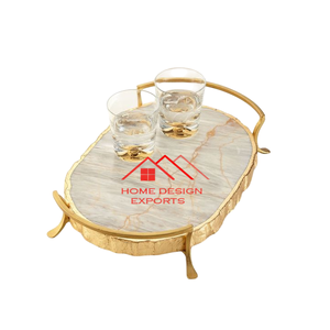 Ensemble de 2 plateaux en marbre fini avec poignée en métal doré - Product Image 3