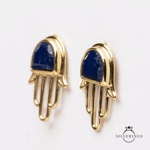 NOVAMART Fine Silverings 925 Sterling <b>Silver</b> Hamsa Lapis Lazuli <b>Stud</b> and Drop Earrings Vintage Style with 18K Gold Freshwater Pe - Product Image 6