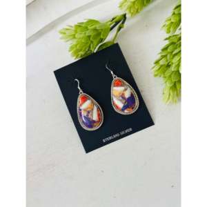 Navajo Handmade Mohave Turquoise & Sterling <b>Silver</b> Drop <b>Earrings</b> Water Drop Shape Pattern - Product Image 3