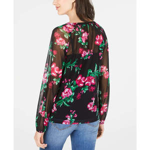 INC International Concepts Top da donna in chiffon con stampa floreale di piccole dimensioni, nero, con dettagli allacciati - Product Image 2