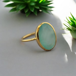Bague en argent sterling 925 faite à la main belle pierre précieuse calcédoine Aqua plaqué or taille ovale diamant forme lunette - Product Image 5