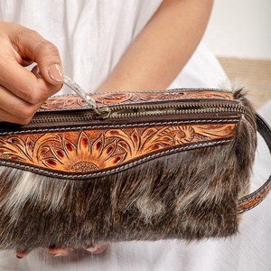 LW Western Handcrafted Hair On Hair Tooled Fur Leather Jewelry Pouch Cow Skin Hair Makeup Minimal Bag Bridesmaid Perfect Gift - Product Image 6