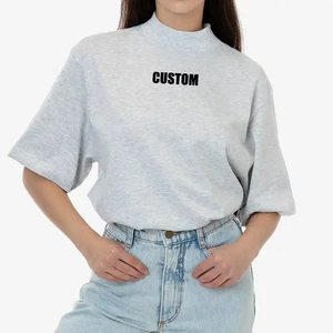 High Quality Women's Mock Neck <b>T</b>-<b>Shirt</b> Custom Label Private Logo Breathable Jersey Solid Wholesale <b>Thick</b> Blank O-Neck <b>T</b>-<b>Shirt</b> - Product Image 1