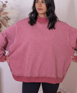 Sweat-shirt à col roulé oversize pour femme, rose uni, épaules tombantes, tricoté en coton, style hiver, longueur normale, brodé - Product Image 1