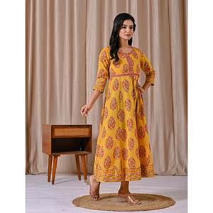 Vestido de algodón amarillo con estampado Butta Block, estilo bohemio, largo hasta el suelo, con botones, informal, para oficina, talla 5XL, transpirable, ODM para club - Product Image 6