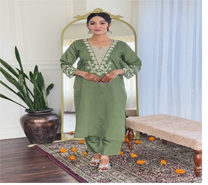 Exportation indienne de haute qualité tendance Viscose Chanderi fantaisie tissu Kurti pantalon avec lin Dupatta broderie pour femmes filles - Product Image 5