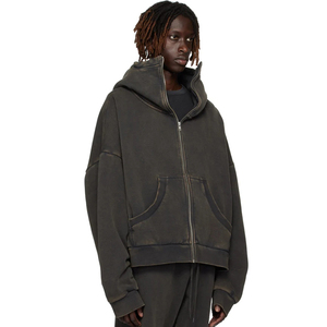 Sweat à capuche en molleton de coton biologique 510 g/m², lavé à l'enzyme, à épaules tombantes, tendance, noir, fermeture éclair intégrale, durable - Product Image 3