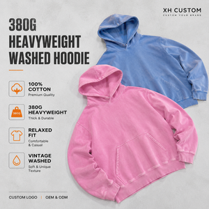 Sudadera con Capucha XH CUSTOM 380G, Gruesa, de Forro Polar Lavado para Invierno, 100% Algodón, Corte Holgado, Unisex, Color Sólido Informal - Product Image 1