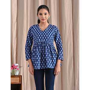 Top Peplum de Algodón Popelín Azul Jaipuri con Estampado de Bloques, Asimétrico, Bordado Floral y Rayas, Largo, Tallas XL XXL, para Otoño, Ropa Formal - Product Image 4