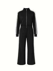 Ensemble deux pièces tendance pour femmes, automne, polyester, manches longues, fermeture éclair, patchwork, au-dessus du genou, décontracté, tendance, haut - Product Image 2