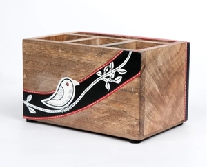 Chiraiya Black Bird Mango Wood Cutlery Holder Sheesham & Mango Wood Wooden Utensil Caddy Countertop Cutlery Holder - Product Image 3