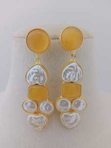 Modern Mosaic Pearl <b>Earrings</b> Set Gold-Toned Metal Frame with Embedded Stones and Pearls Unique Pattern Brass Made - Product Image 4