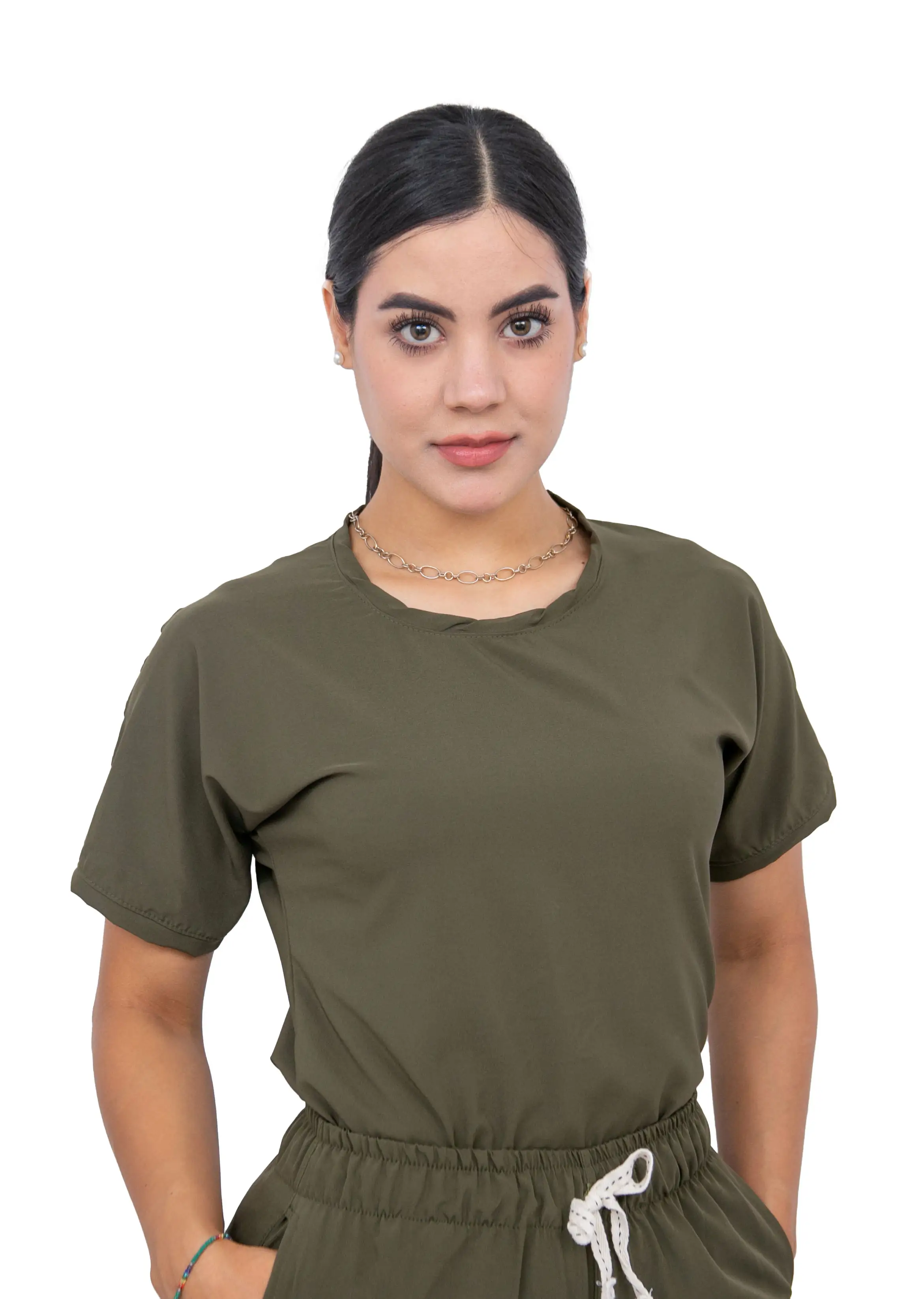 외과 스크럽-조거 바지와 반소매 라운드 넥이있는 여성 스트레치 항액 군용 녹색 스크럽 세트 (사용자 정의)