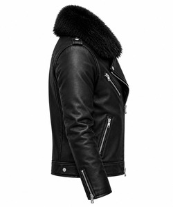 Blouson de motard en cuir noir pour homme, col en fausse fourrure, coupe ajustée, veste de moto d'hiver, fermeture éclair, manches amovibles - Product Image 2