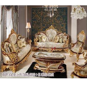 Ensemble de canapés modernes de luxe pour salon Maharaja poli à l'or Ensemble de canapés en bois de teck massif sculpté à la feuille d'or Taille personnalisée pour un usage domestique - Product Image 1