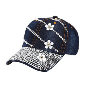 Casquette de baseball unisexe à 6 panneaux en denim à motif feuille et clous en diamant, réglable, visière plate, protection solaire extérieure, chapeau courant - Product Image 3