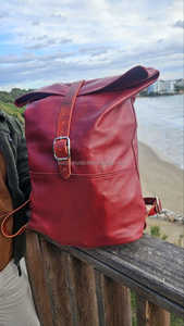 Slim Profile <b>Leather</b> Roll Top <b>Backpack</b> Compact Rucksack For Daily Commute Lightweight <b>Leather</b> Bag LRTB-0177 - Product Image 5