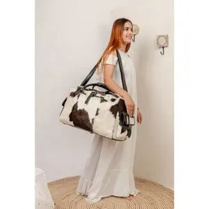 Bolso de viaje con estampado de vaca para mujer, de cuero auténtico bandolera, Color blanco y negro, estilo occidental, a la moda