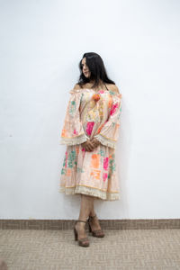 <b>Romantic</b> Floral V-neck Boho <b>Dress</b> Peach Tiered Sundress Natural Waist Midi 100% Cotton Eco-Friendly Summer Party <b>Dress</b> Women - Product Image 6