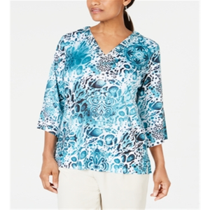 JM Collection Top casual da donna con collo diviso, stampa leopardata verde, taglia Petite S/M - Product Image 1