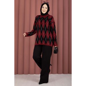 Pull d'hiver décontracté Softie, motif baklava bordeaux-noir, tricot confortable et élégant - Product Image 3