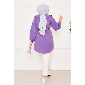 Purple Modest <b>Tops</b> Double Collar Hijab Shirt with Drawstring Waist Comfortable and Stylish - Product Image 5