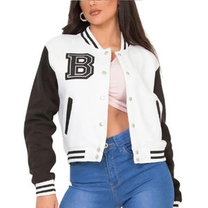 Chaqueta Universitaria Personalizada para Mujer, Mezcla de Lana, Mangas de Cuero, Logotipo Bordado, Cierre de Botones, Chaqueta de Béisbol Universitaria, Venta al Por Mayor OEM - Product Image 5