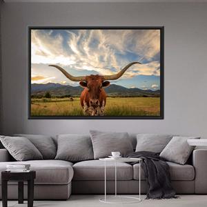 Printed Canvas Artwork: Handmade Farm Art, Longhorn Cow Landscape,1P:Black <b>Framed</b> - Product Image 1