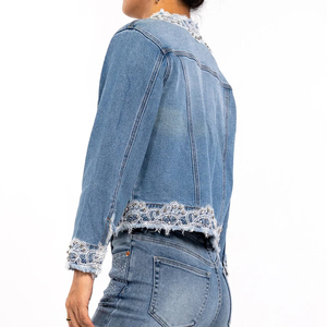 STITCHMODE Fabricación Moda Bleach Wash Manga larga Encaje Rhinestone Señoras Chaqueta de mezclilla Precio al por mayor - Product Image 4