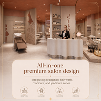 Présentation du mobilier de salon de luxe du Qatar : fauteuil de pédicure crème, bassin pour les pieds ambré, mur en pierre brute et bureau ondulé pour institut de beauté