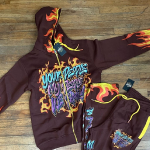 Streetwear unisexe de qualité supérieure pour hommes Survêtement régulier en coton avec pantalon en polaire Sweat à capuche imprimé flamme sur le devant Vêtements d'hiver - Product Image 5