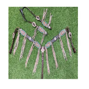 Original Argentina Beige Fringe Horse Headstall Pecho Collar Set Cuero Western Racing Arnés Parches - Product Image 1