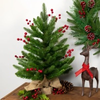 Mini sapin de Noël vert en PVC+PE avec baies rouges, base en toile de jute, décoration de table rustique pour la maison et le bureau