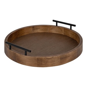 Bandeja de madera de Acacia para decoración del hogar, bandeja de servicio de mango de acero de diseño único y moderno con asas - Product Image 4