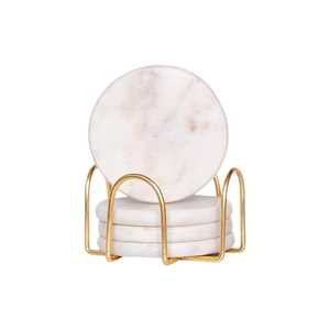 Handmade <b>White</b> round Marble <b>Coasters</b> Set Resin Material with Metal Stand for Restaurant Hotel or Home for Wine Table Use - Product Image 1