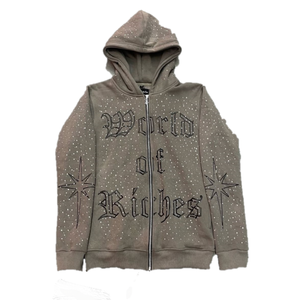 Sudadera con capucha desgastada lavada con ácido de gran tamaño para hombre 500GSM 100% algodón French Terry Sun Faded Rhinestone bordado pantalla - Product Image 1