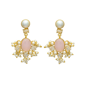 Pendientes largos Vintage de latón chapado en oro de 24 quilates para todos los días, pequeños y redondos, guijarros de cristal rosa, Perla colgante en la parte inferior para boda - Product Image 1