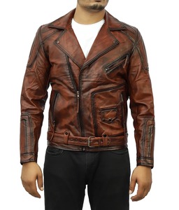 Veste de moto vintage marron pour homme, en cuir de mouton véritable vieilli, écologique, double conducteur, moto, coupe ajustée, hiver - Product Image 5