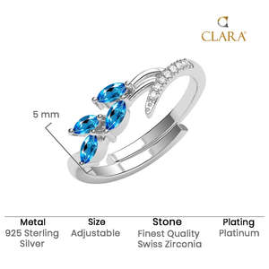 CLARA Men's Romantic 925 Sterling <b>Silver</b> Tonje Curved Blue Leaf <b>Ring</b> Size <b>Adjustable</b> with Marquise Cut Topaz and Zircon Stone - Product Image 5