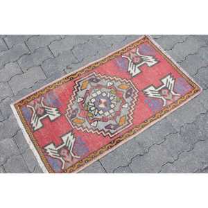 Vintage Turkish Small Rug 1.6x3 ft <b>Red</b> Blue Moroccan Patchwork <b>Wool</b> Rug with Eco-Friendly Latex Backing - Product Image 3