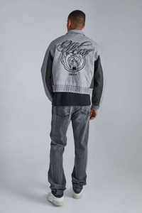 Veste d'hiver écologique imperméable en cuir véritable vintage gris pour homme | Bomber surdimensionné brodé | Streetwear recadrée - Product Image 2