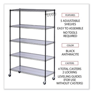 Alera ALESW654818BA 48 In. X 18 In. X 72 In. 5-<b>Shelf</b> Wire Shelving Kit Casters <b>Shelf</b> Liners Black Anthracite <b>for</b> <b>Kitchen</b> - Product Image 5